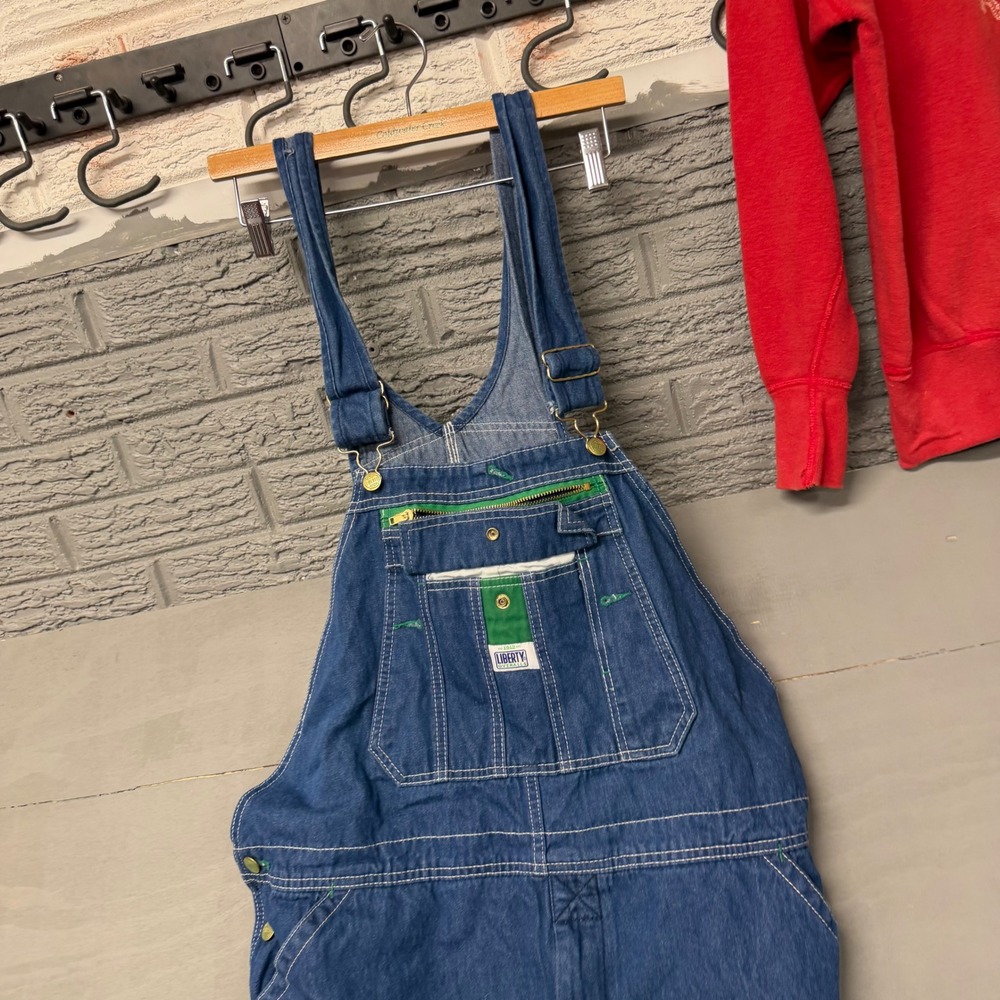 Liberty Mens Blue Denim Bib Overalls Green Accents 40x30 14006SW9 Workwear